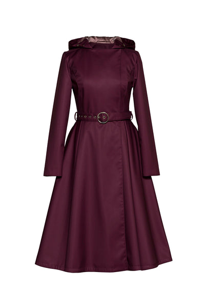 Women's deep burgundy double-breasted trench coat with a matching buckle belt on a white background.