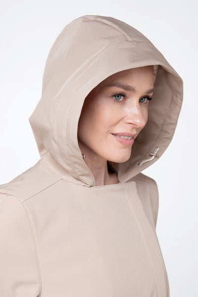 Close-up of hood detail on Classic Trench beige waterproof women's coat