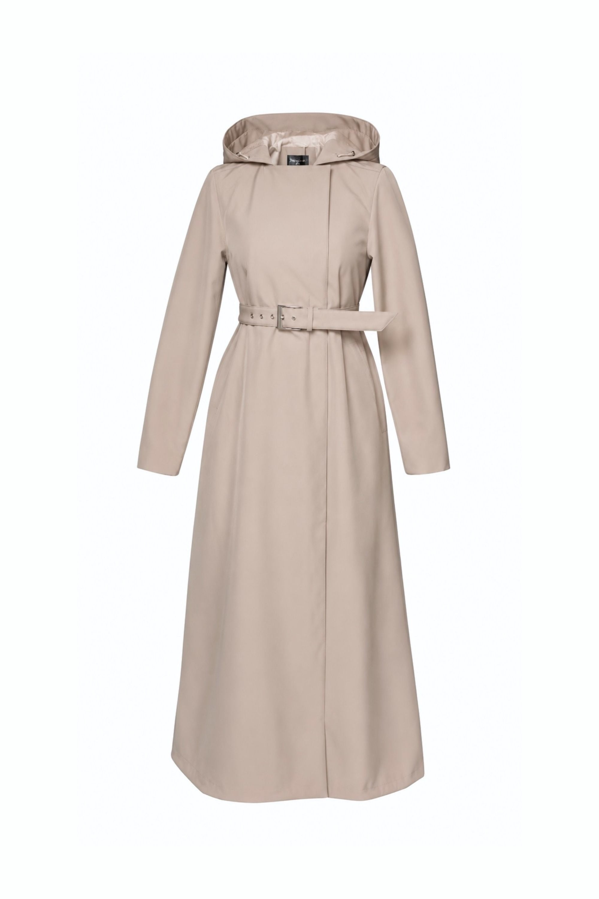 Beige trench coat with a belt on a white background