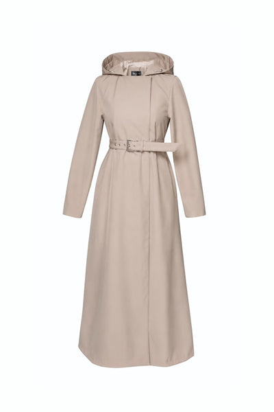 Beige trench coat with a belt on a white background