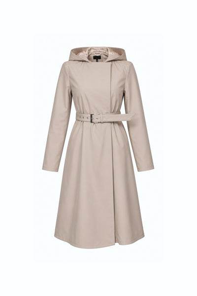 Beige trench coat with a belt on a white background
