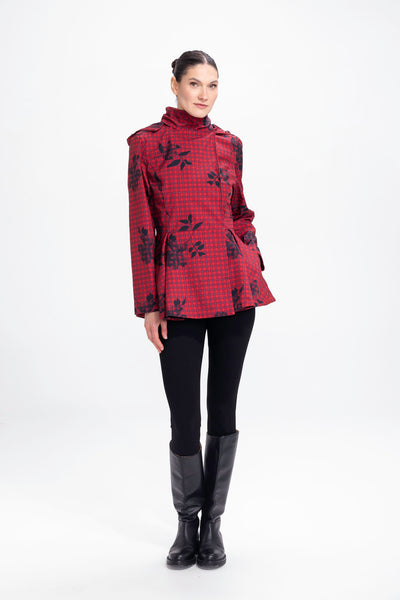 Crimson Heart deep red waterproof women's double-breasted jacket, short trench coat style, front view