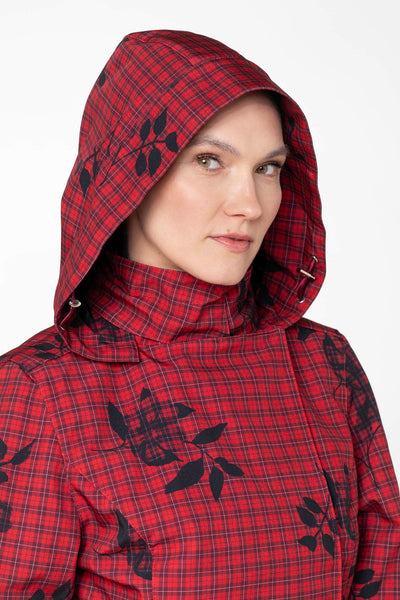 Close-up of detachable hood on deep red waterproof women's rain jacket by RainSisters