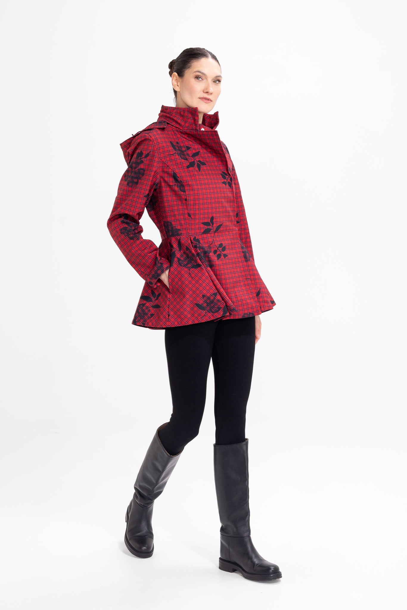 Double Breasted Jacket with Detachable Hood in Red | Crimson Heart