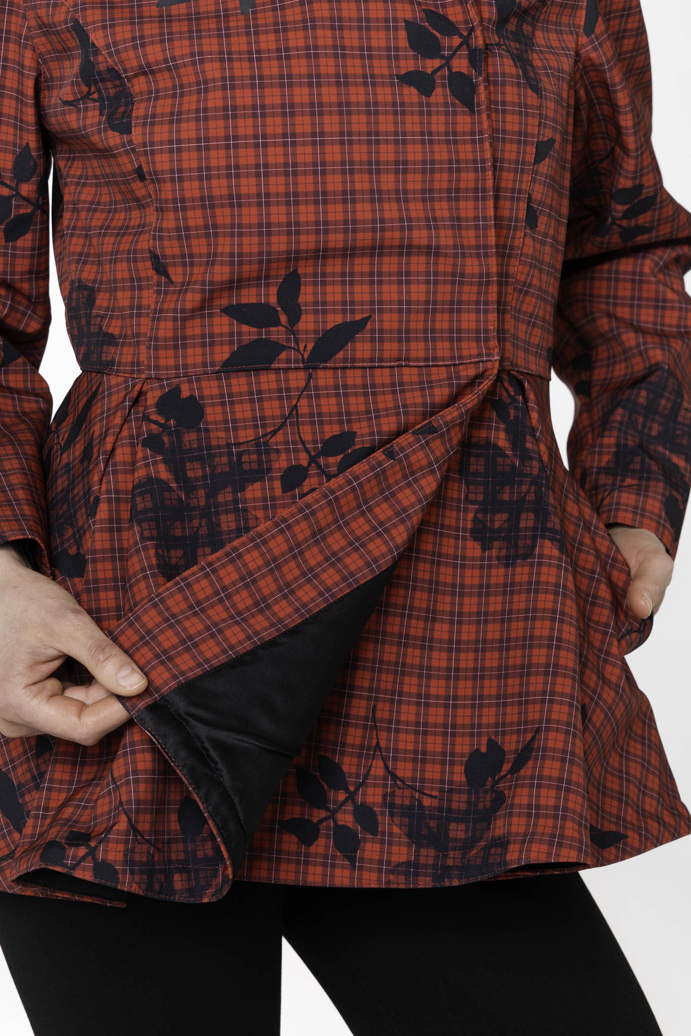 Black Italian satin lining inside Crimson Heart women's waterproof designer jacket