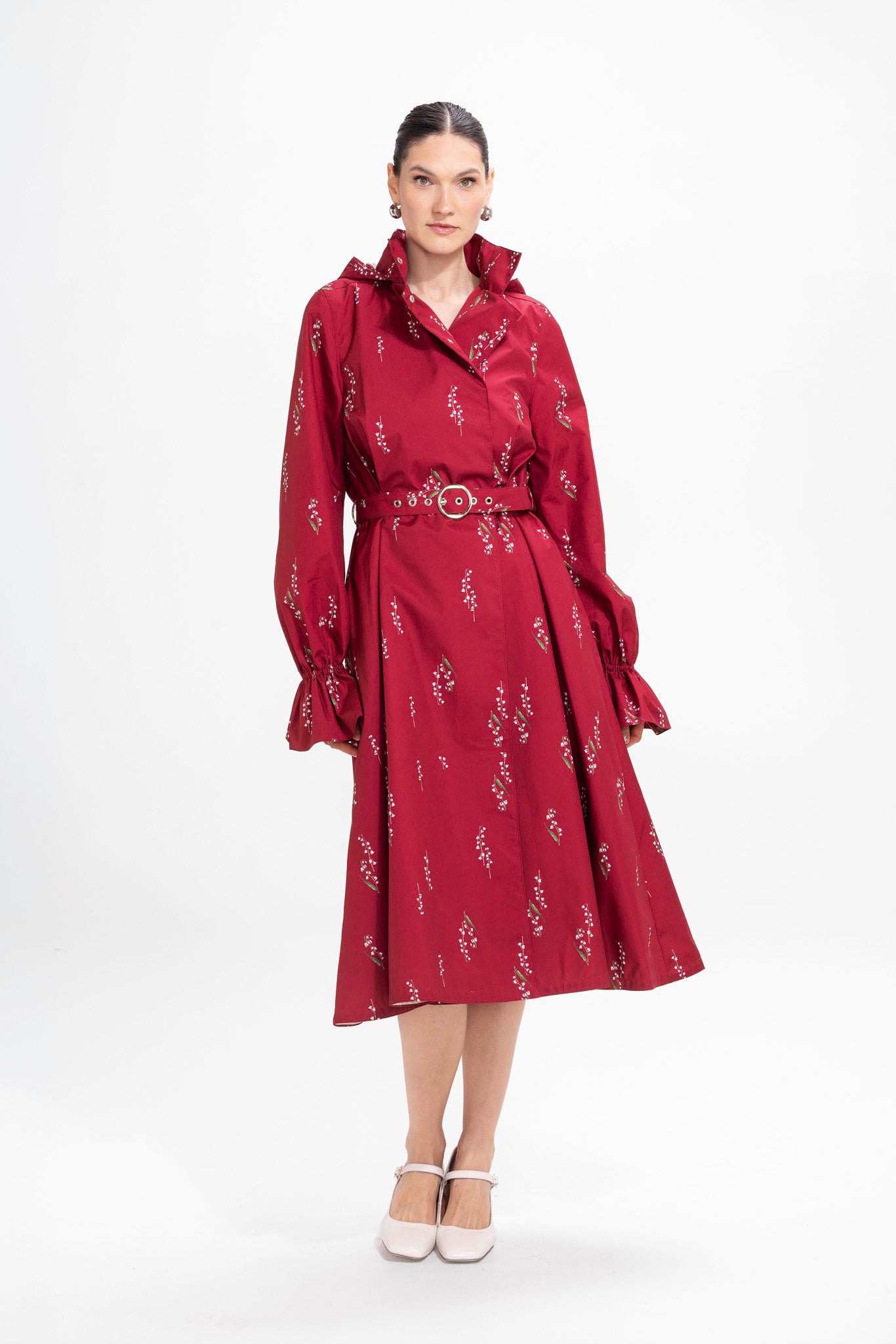 Crimson Lily burgundy waterproof women's trench coat with lily of the valley print, front view