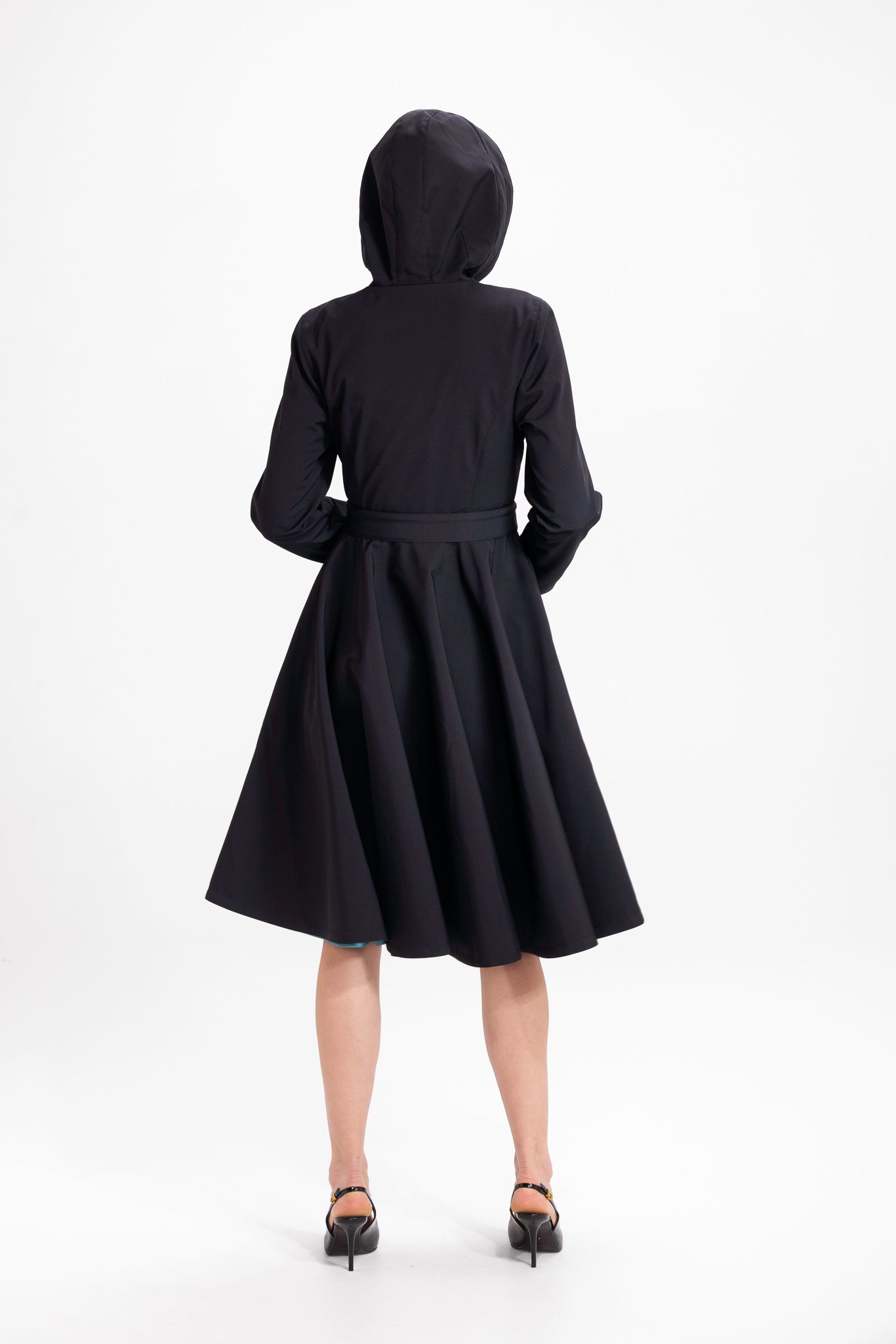 Fitted and Flared Coat with Full Circle Skirt in Black with Emerald Green RainSisters Fitted and Flared Coat with Full Circle Skirt in Black with Emerald Green RainSisters