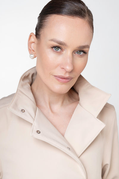 Detachable hood detail on Desirable Bow beige women's trench coat