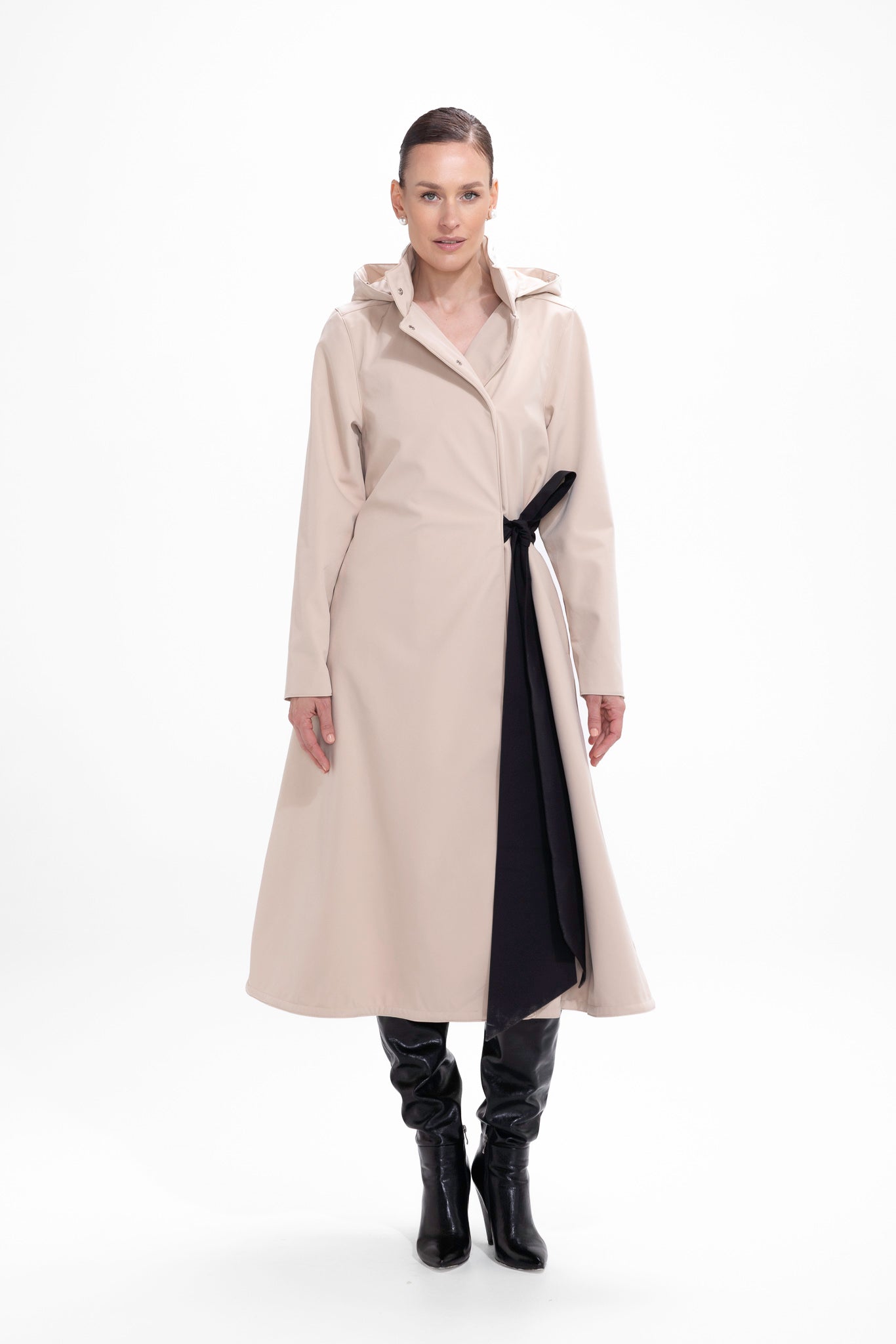 Beige Double Breasted Coat with Trapeze Cut with a Bow | Desirable Bow