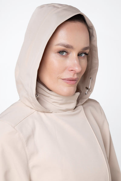 Close-up of hood detail on Desirable Bow beige women's trench coat