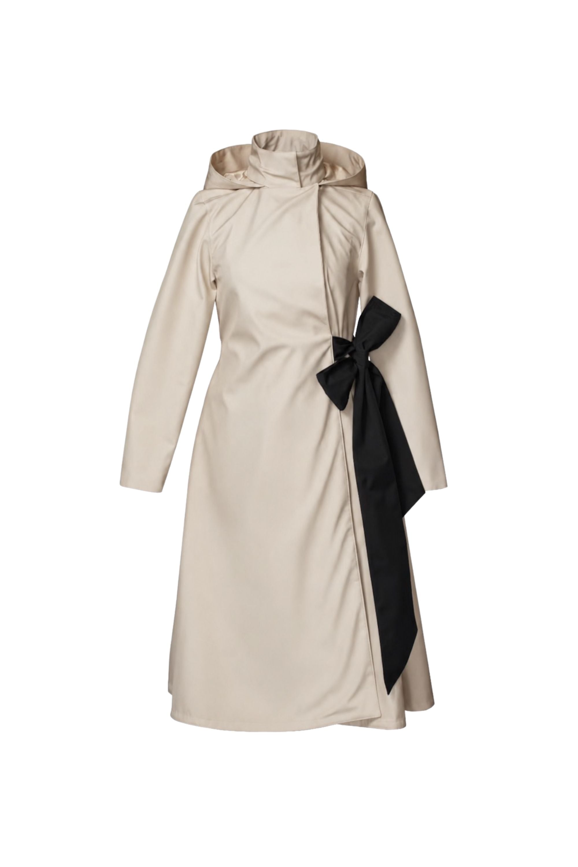 Beige Double Breasted Coat with Trapeze Cut with a Bow | Desirable Bow