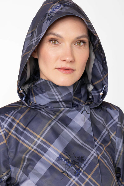 Close-up of hood detail on Duchess in Blue plaid women's waterproof trench coat