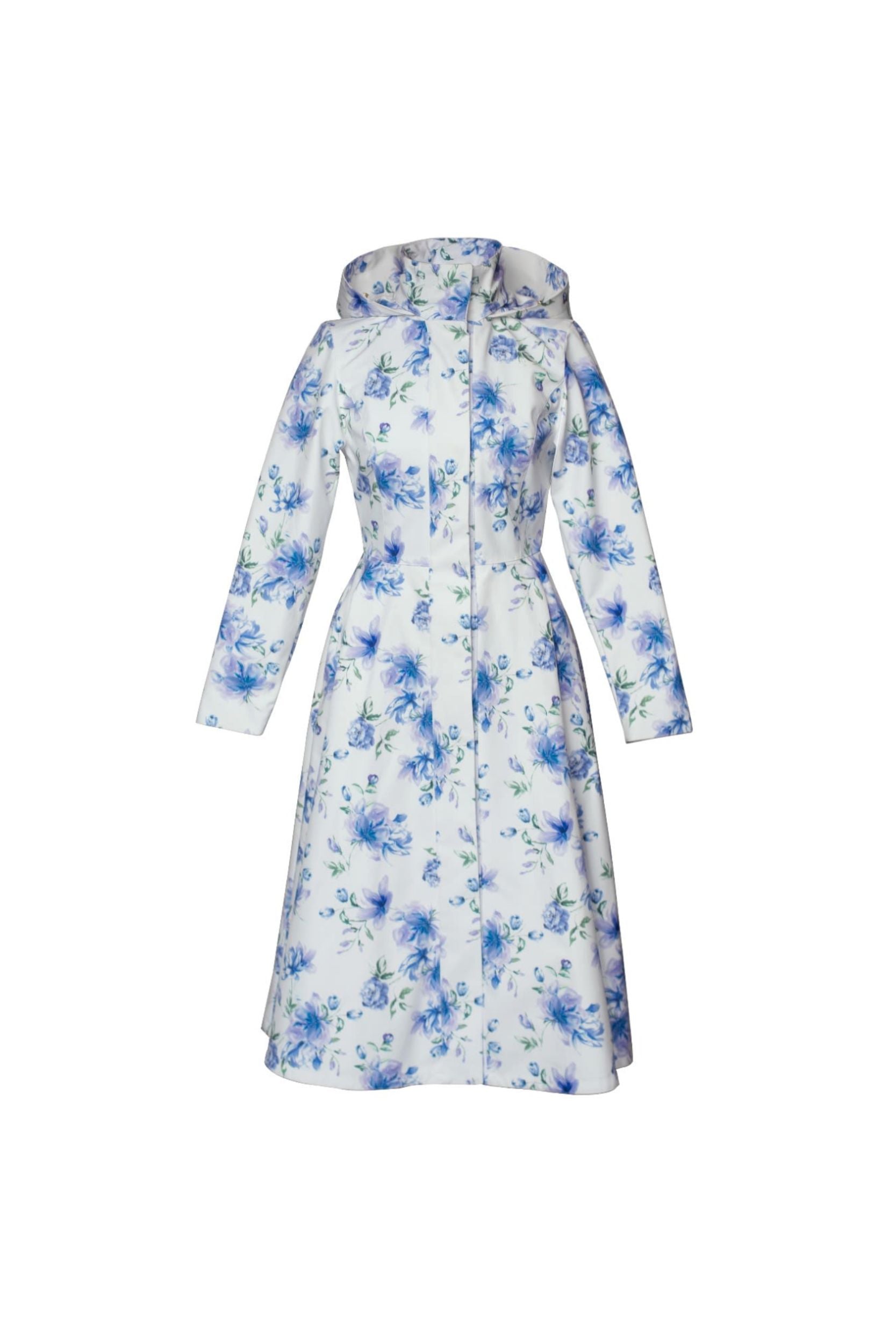 Fit and Flare Coat with A-Line Skirt in White with Blue Flower Print | Floral White