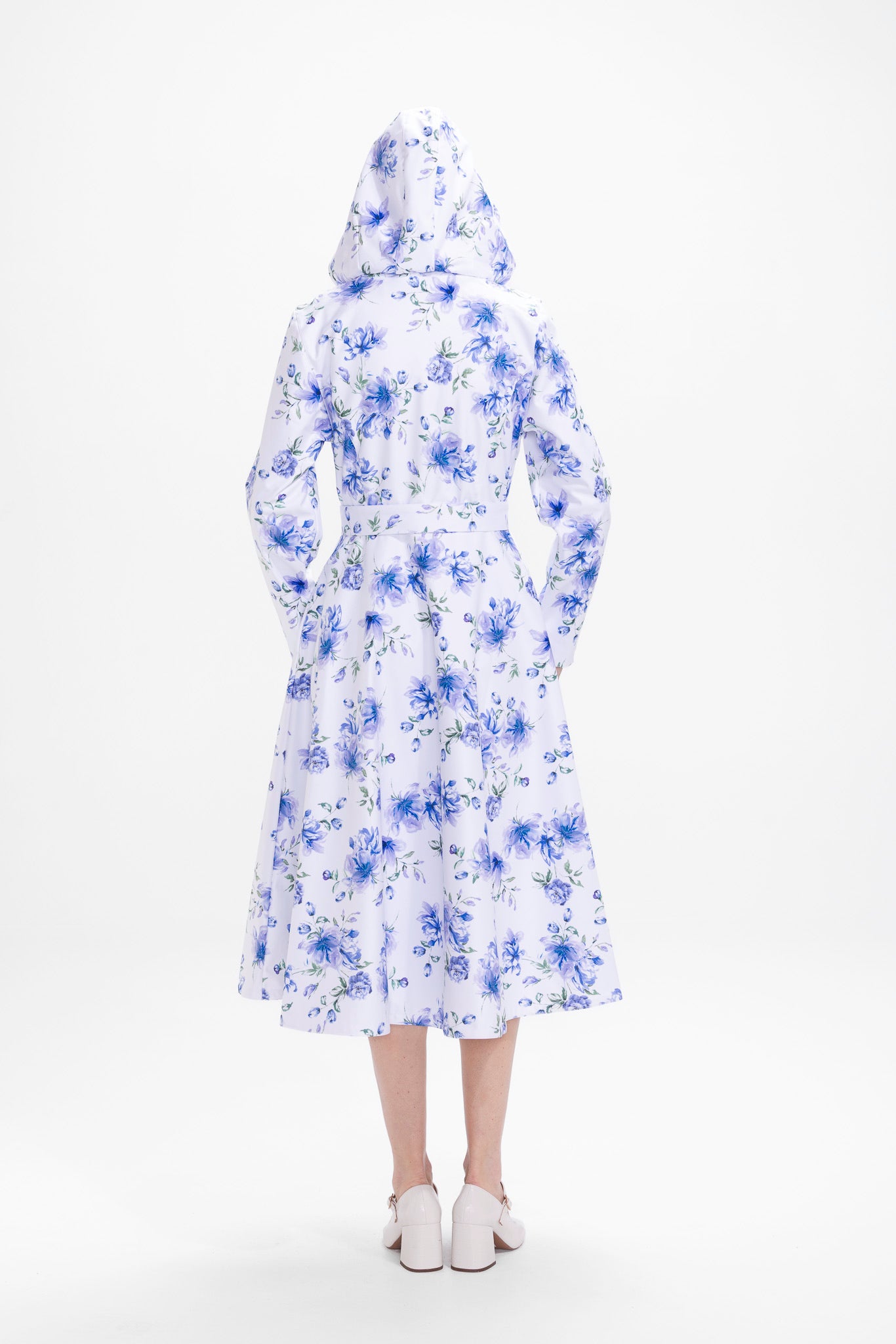 Fit and Flare Coat with A-Line Skirt in White with Blue Flower Print | Floral White