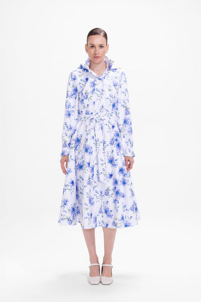 Fit and Flare Coat with A-Line Skirt in White with Blue Flower Print