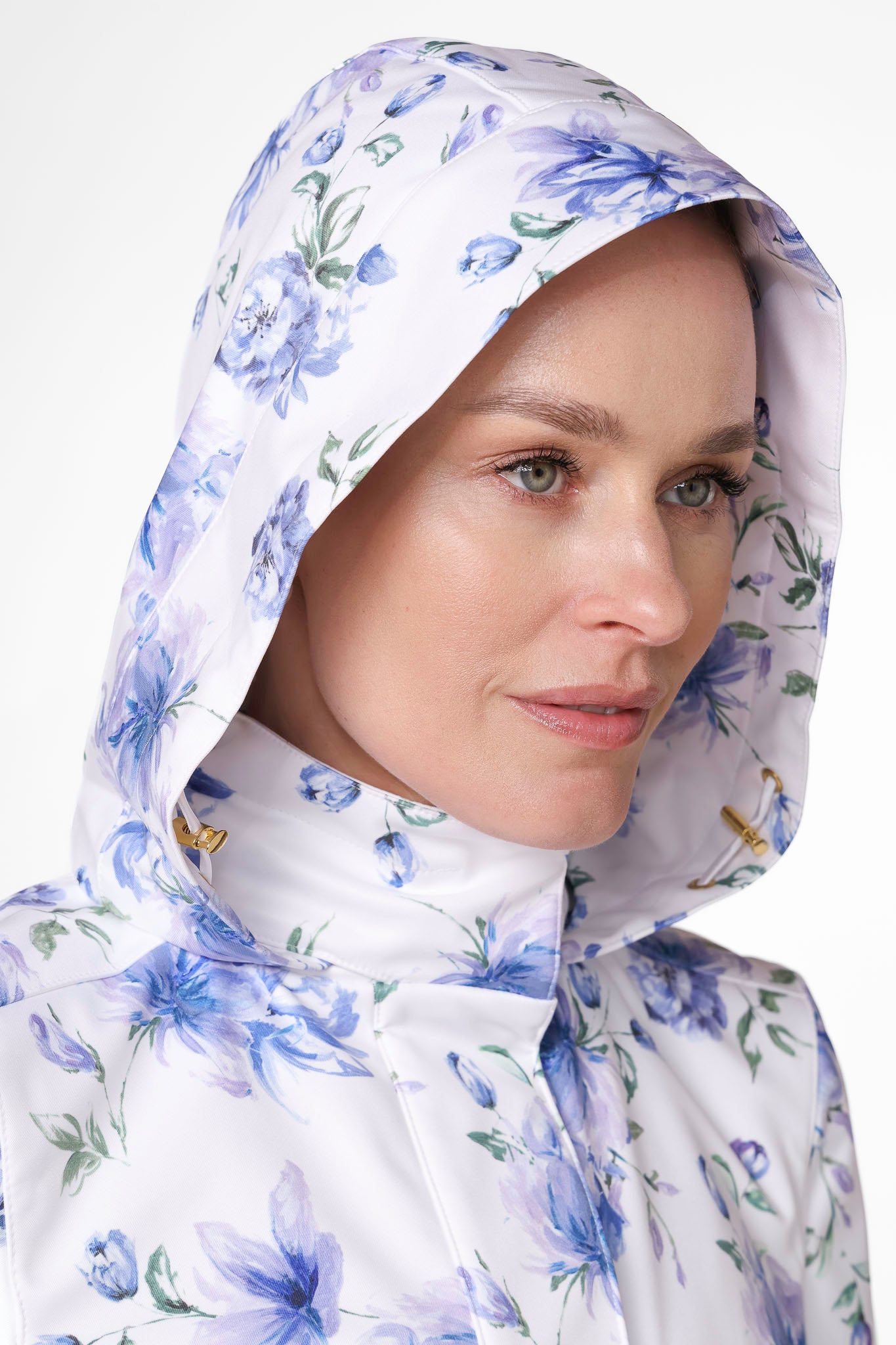 Fit and Flare Coat with A-Line Skirt in White with Blue Flower Print | Floral White