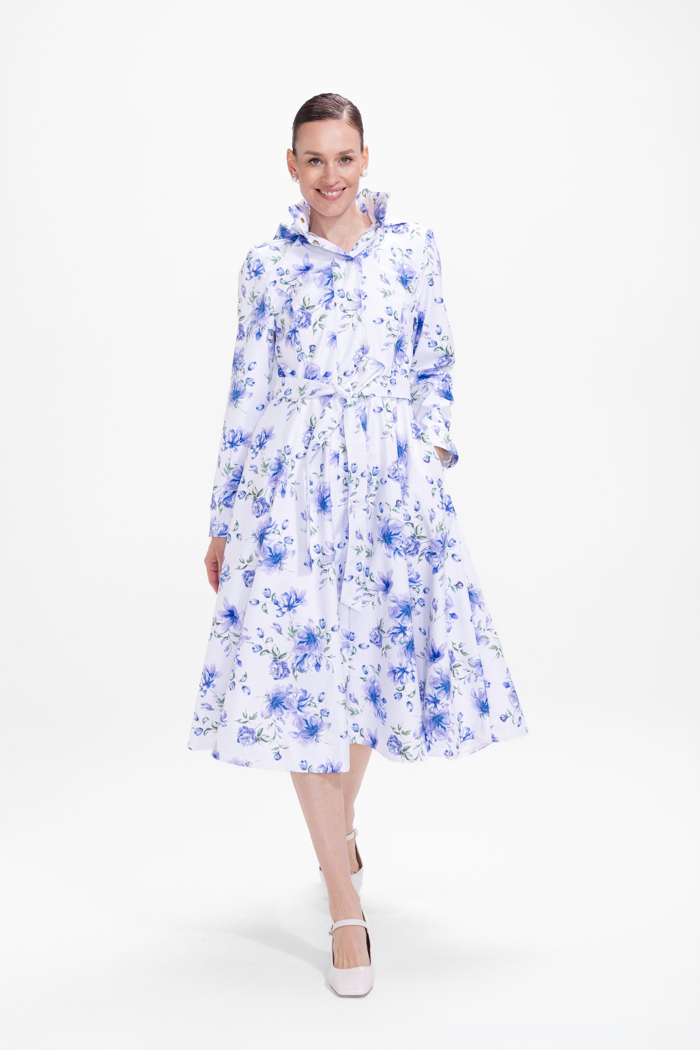 Fit and Flare Coat with A-Line Skirt in White with Blue Flower Print