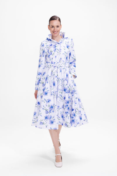 Fit and Flare Coat with A-Line Skirt in White with Blue Flower Print | Floral White