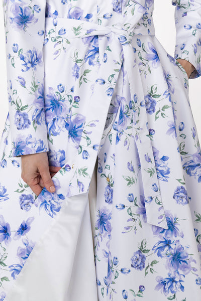 Fit and Flare Coat with A-Line Skirt in White with Blue Flower Print | Floral White