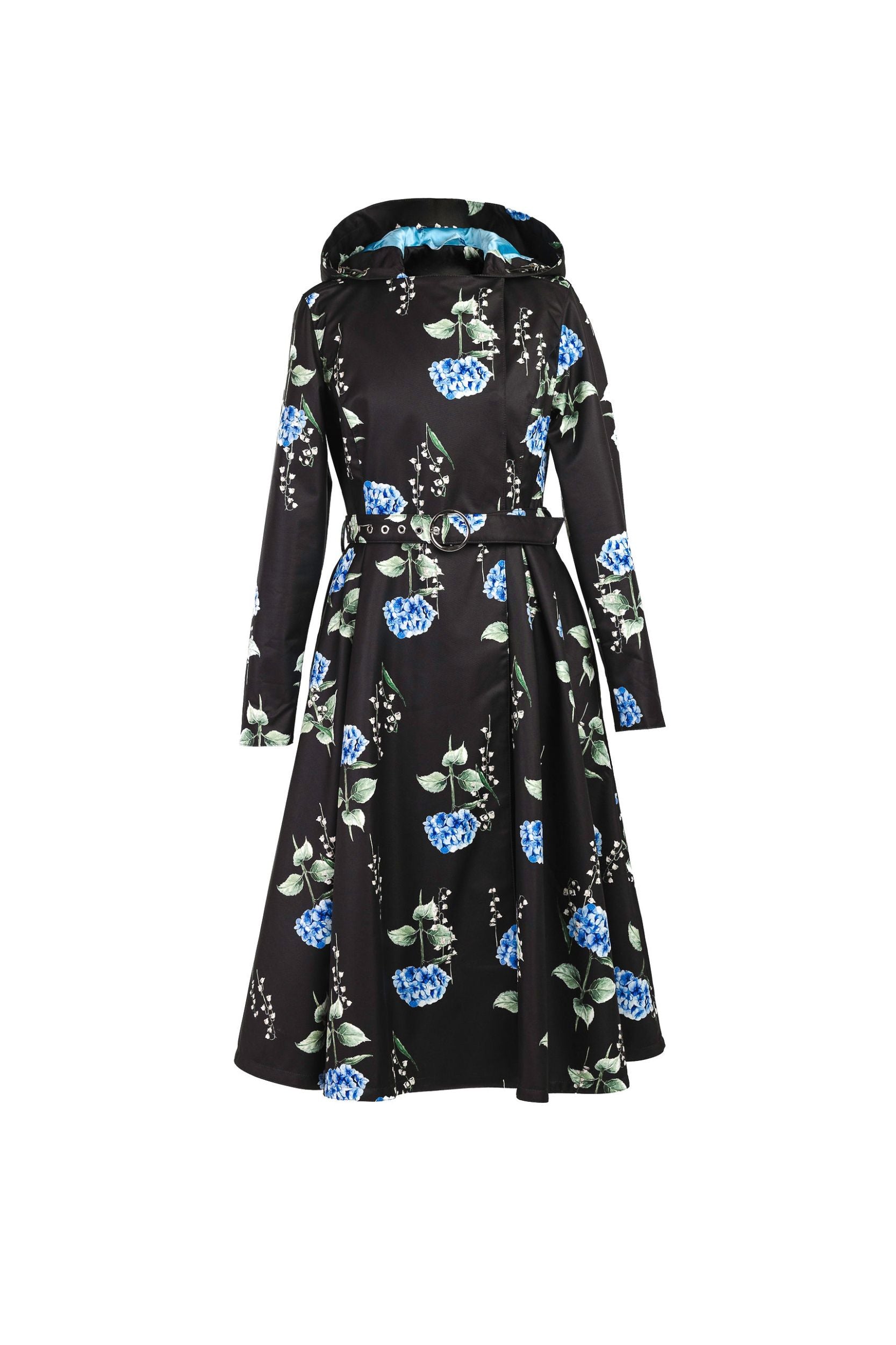 Double Breasted Trench Coat in Black with Floral Print | Flower Moon