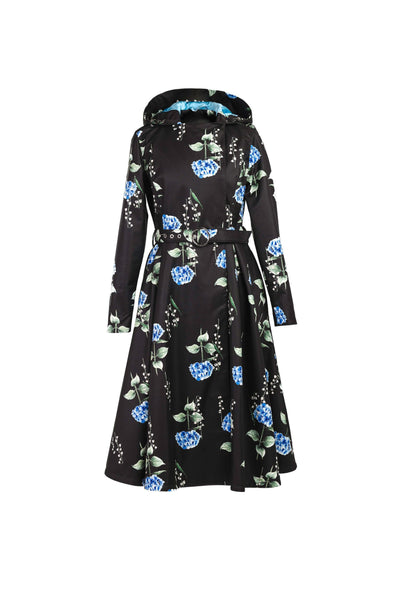 Double Breasted Trench Coat in Black with Floral Print | Flower Moon