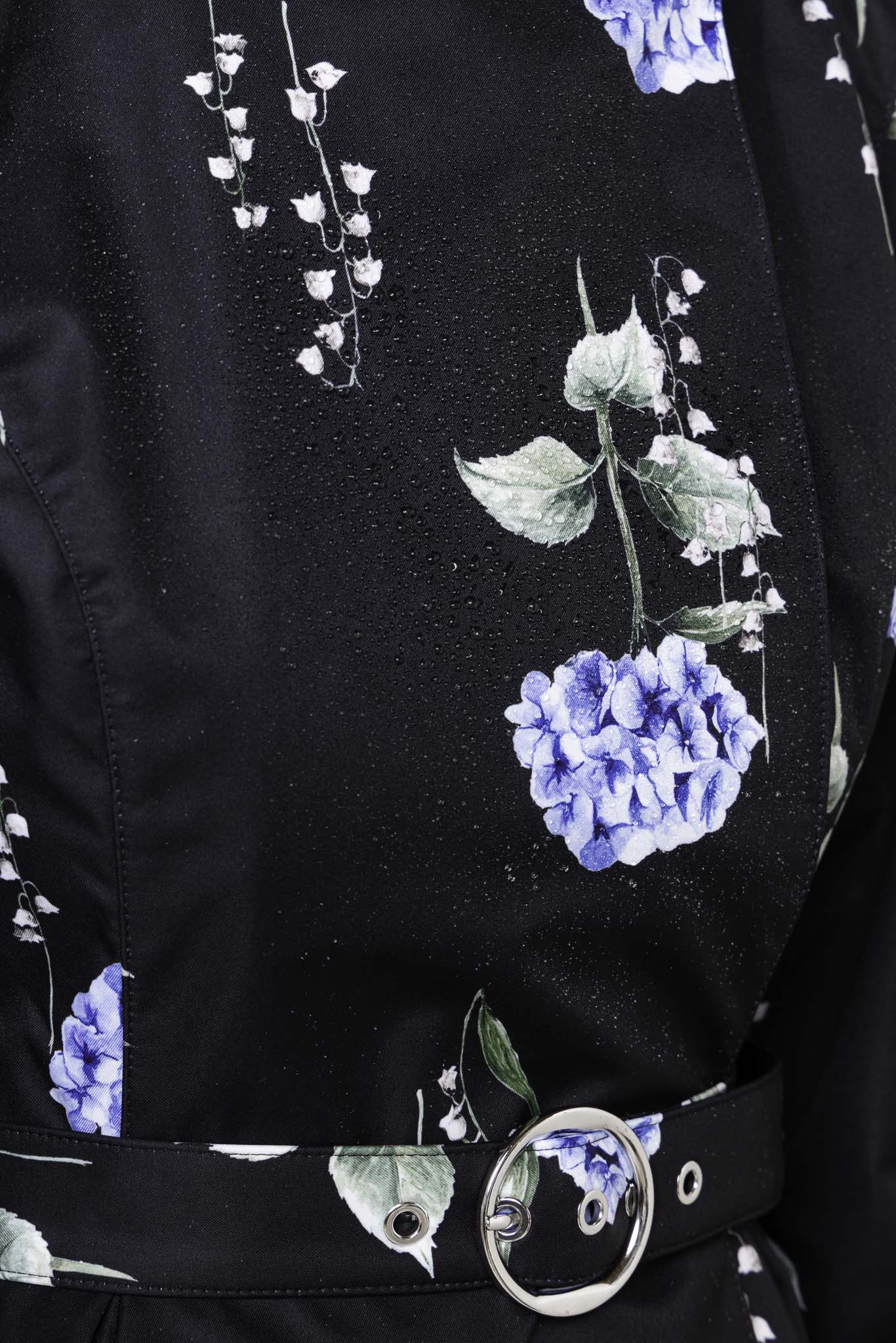 Double Breasted Trench Coat in Black with Floral Print | Flower Moon