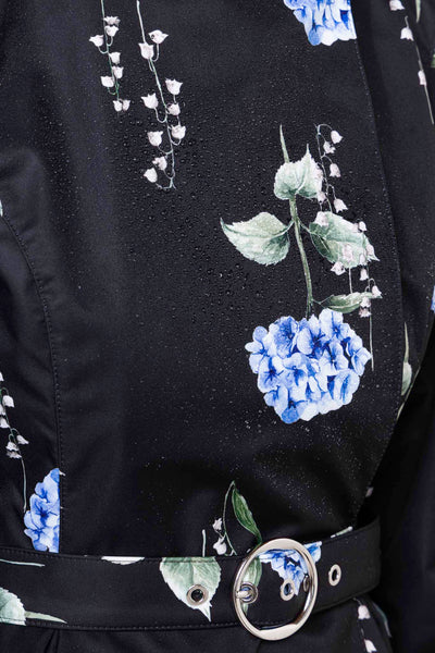 Double Breasted Trench Coat in Black with Floral Print | Flower Moon