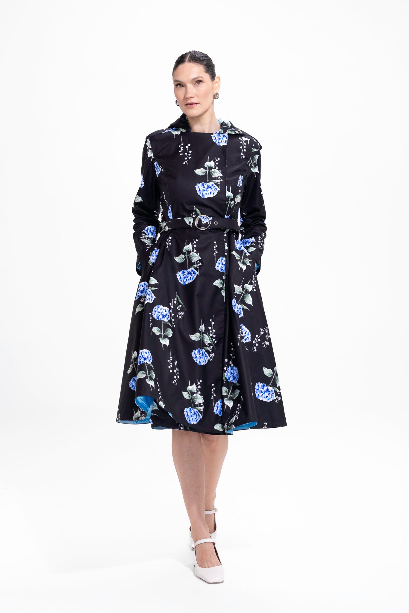 Double Breasted Trench Coat in Black with Floral Print | Flower Moon