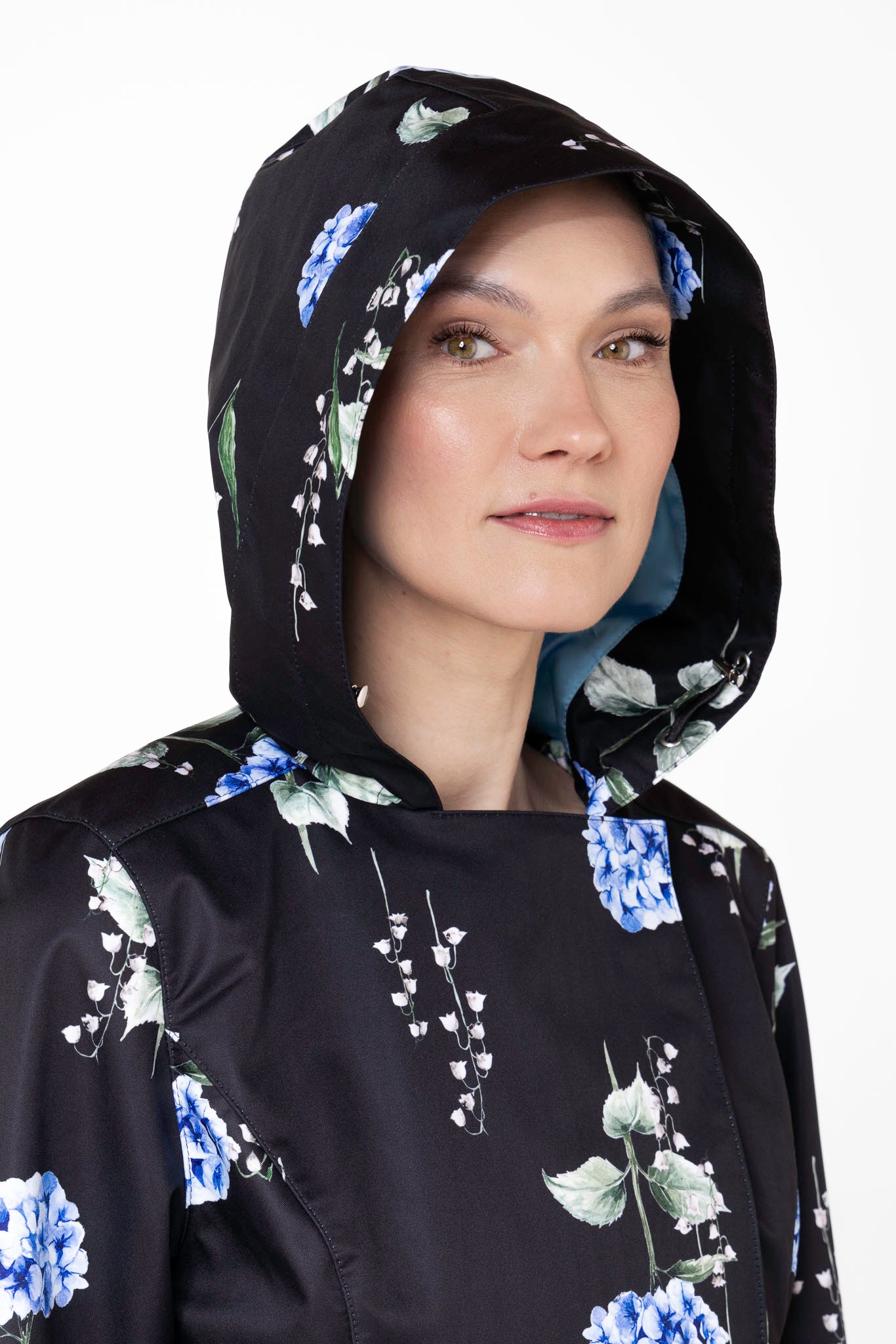 Double Breasted Trench Coat in Black with Floral Print | Flower Moon