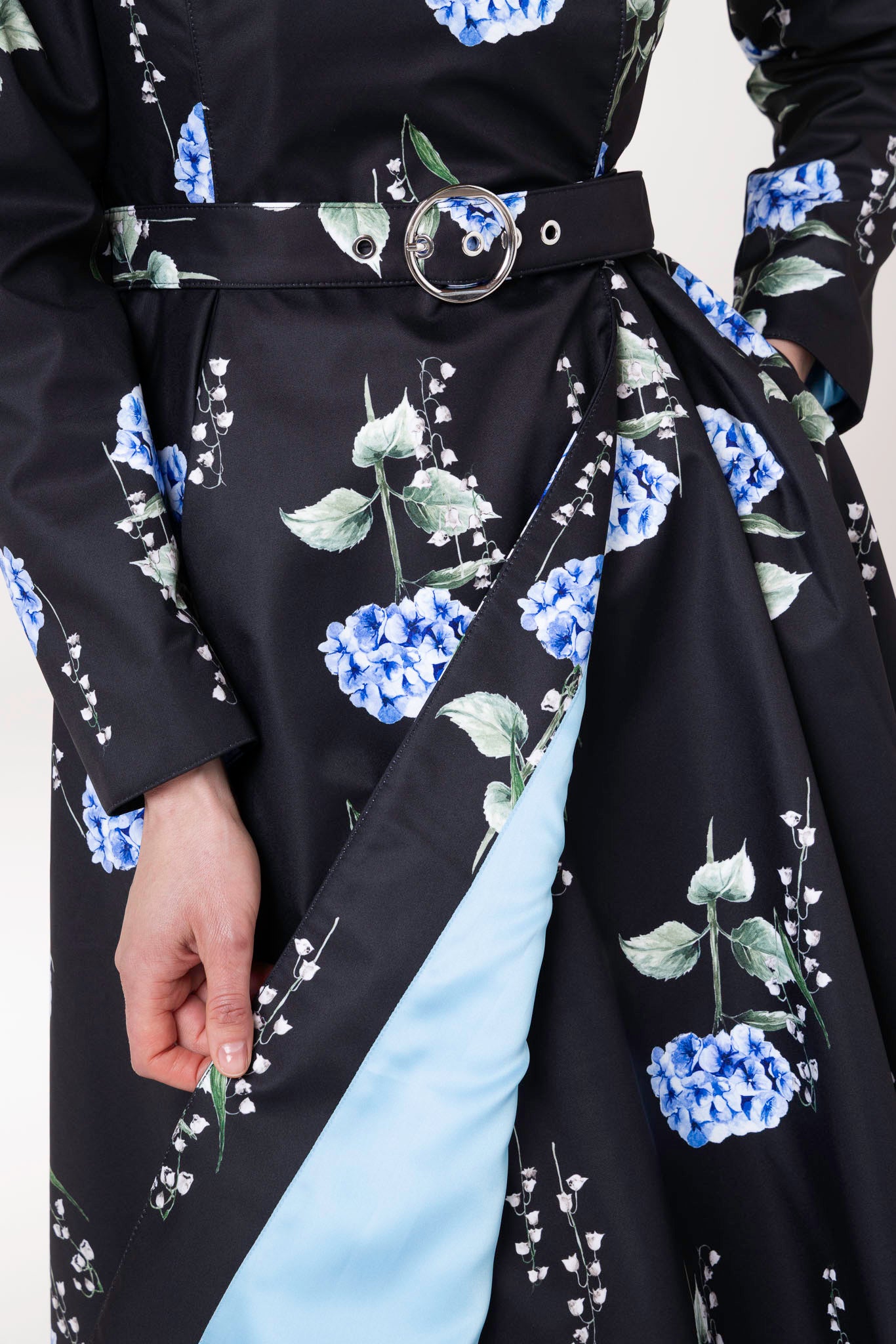 Double Breasted Trench Coat in Black with Floral Print | Flower Moon