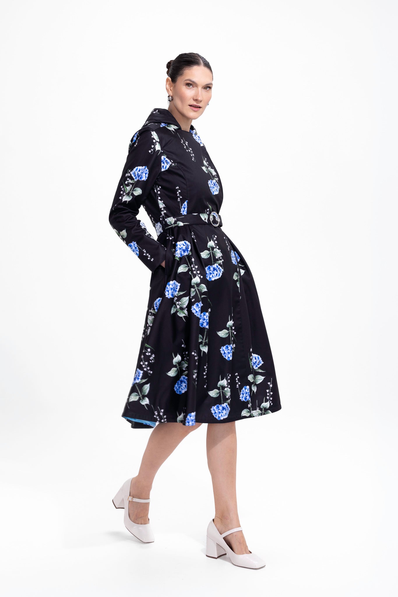 Double Breasted Trench Coat in Black with Floral Print | Flower Moon