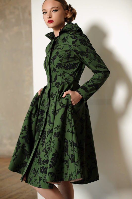Fit and Flare Coat with Pleated Skirt in Green and Black | Forest Flower