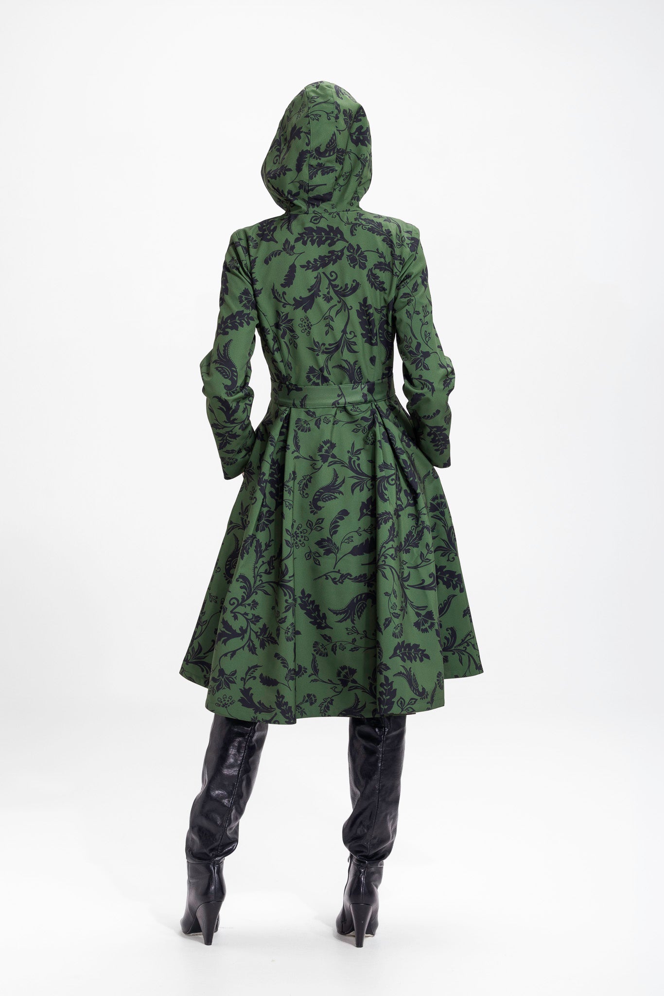 Fit and Flare Coat with Pleated Skirt in Green and Black | Forest Flower