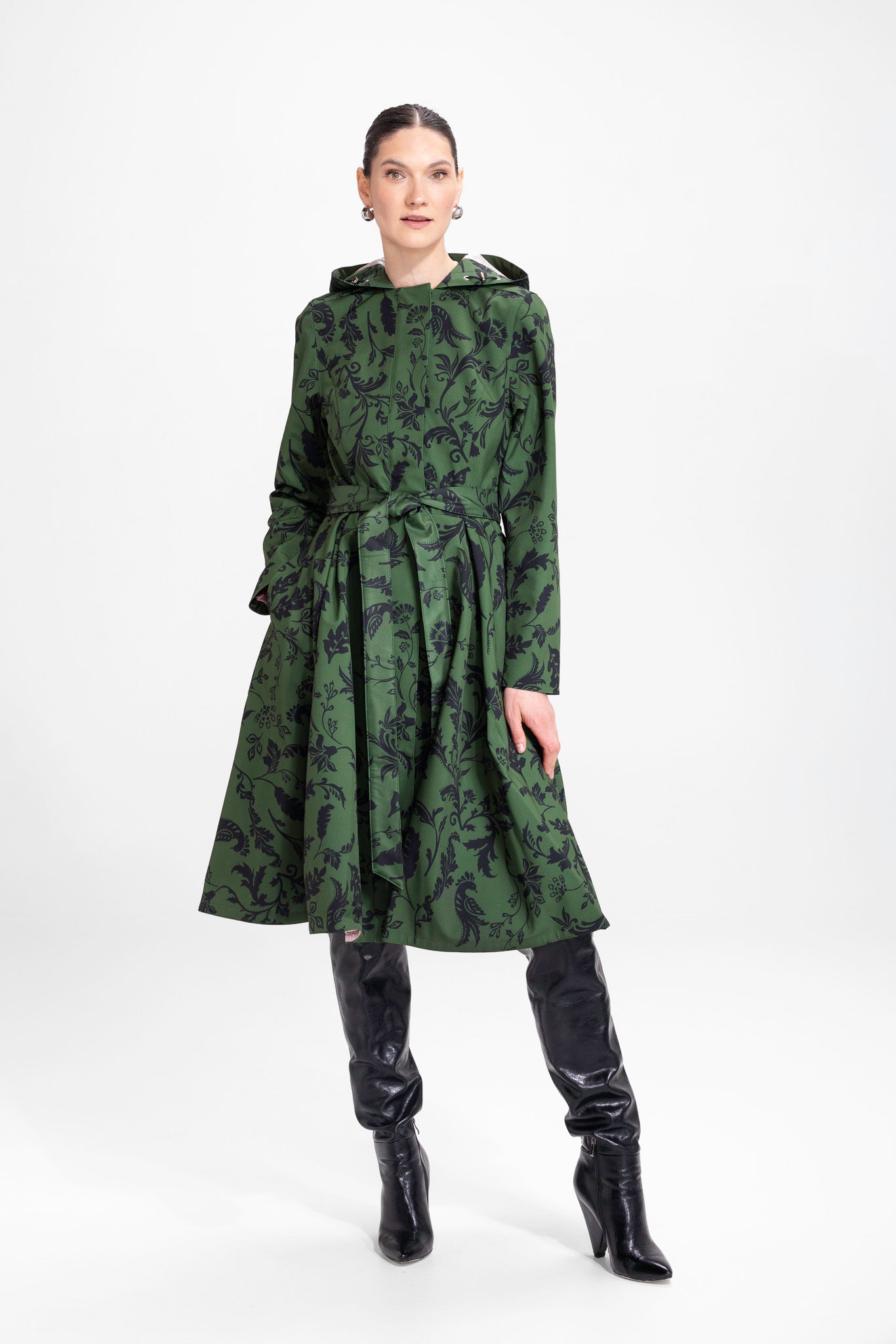 Fit and Flare Coat with Pleated Skirt in Green and Black | Forest Flower