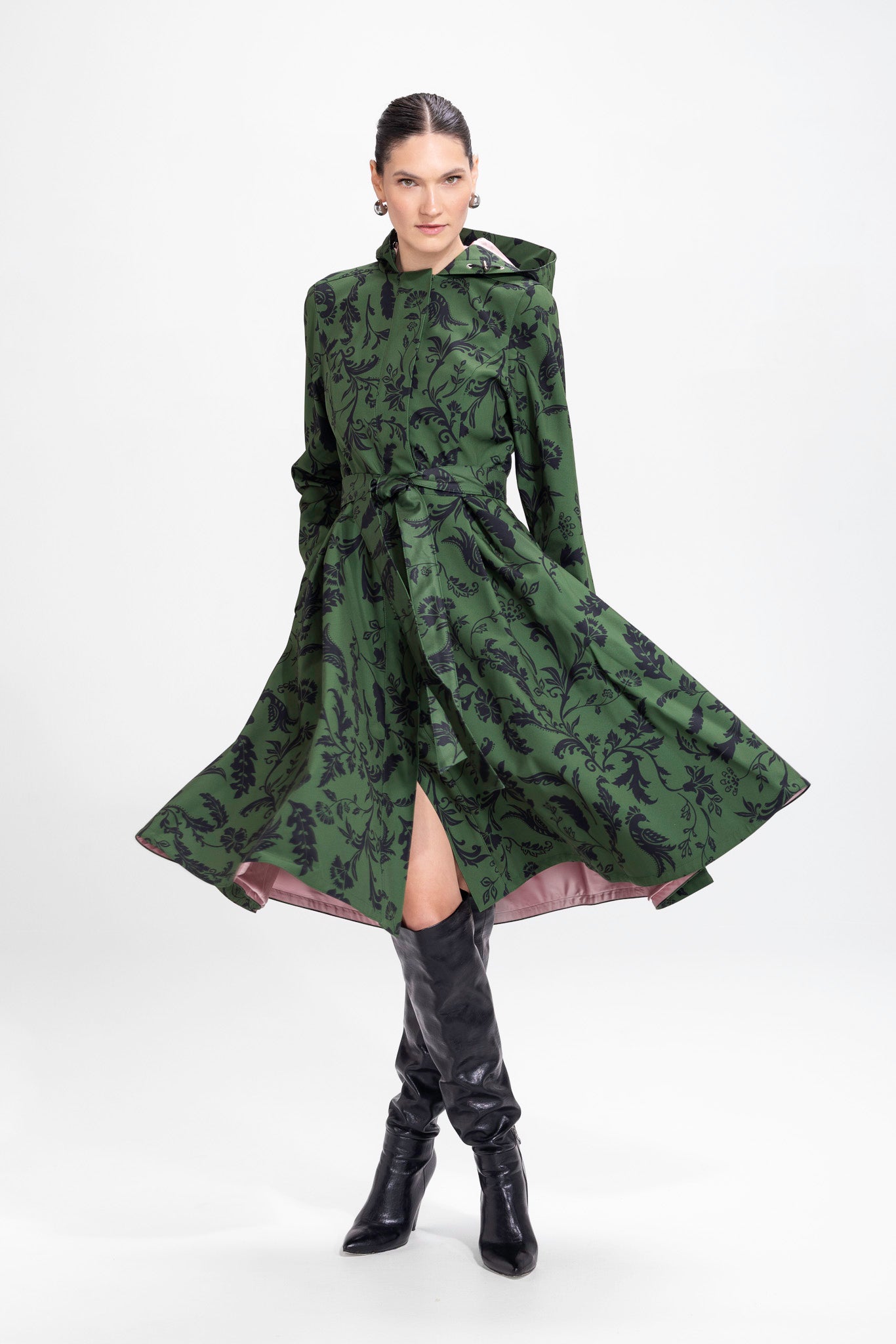 Fit and Flare Coat with Pleated Skirt in Green and Black | Forest Flower