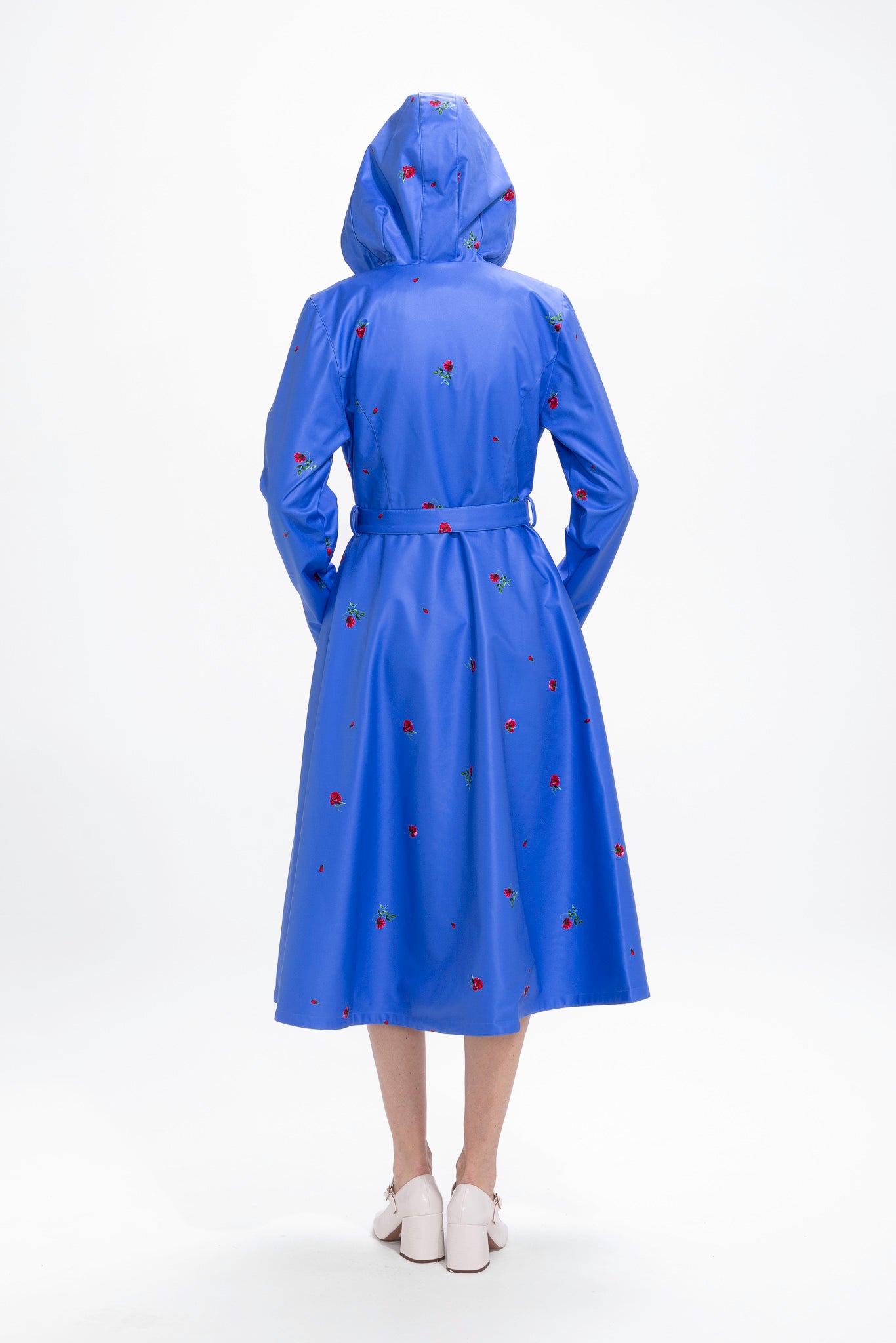 Double Breasted Trench Coat in Blue with Flower Print | Forget-Me-Not