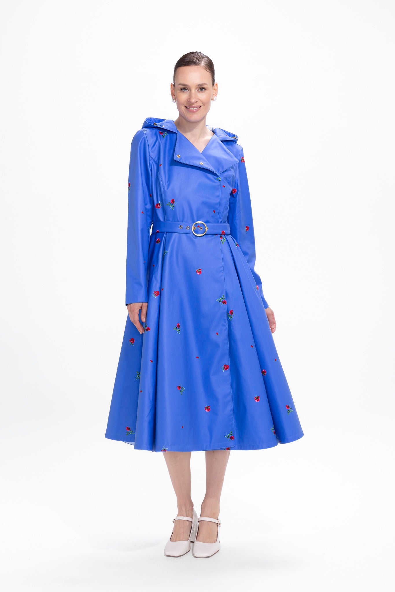 Double Breasted Trench Coat in Blue with Flower Print | Forget-Me-Not