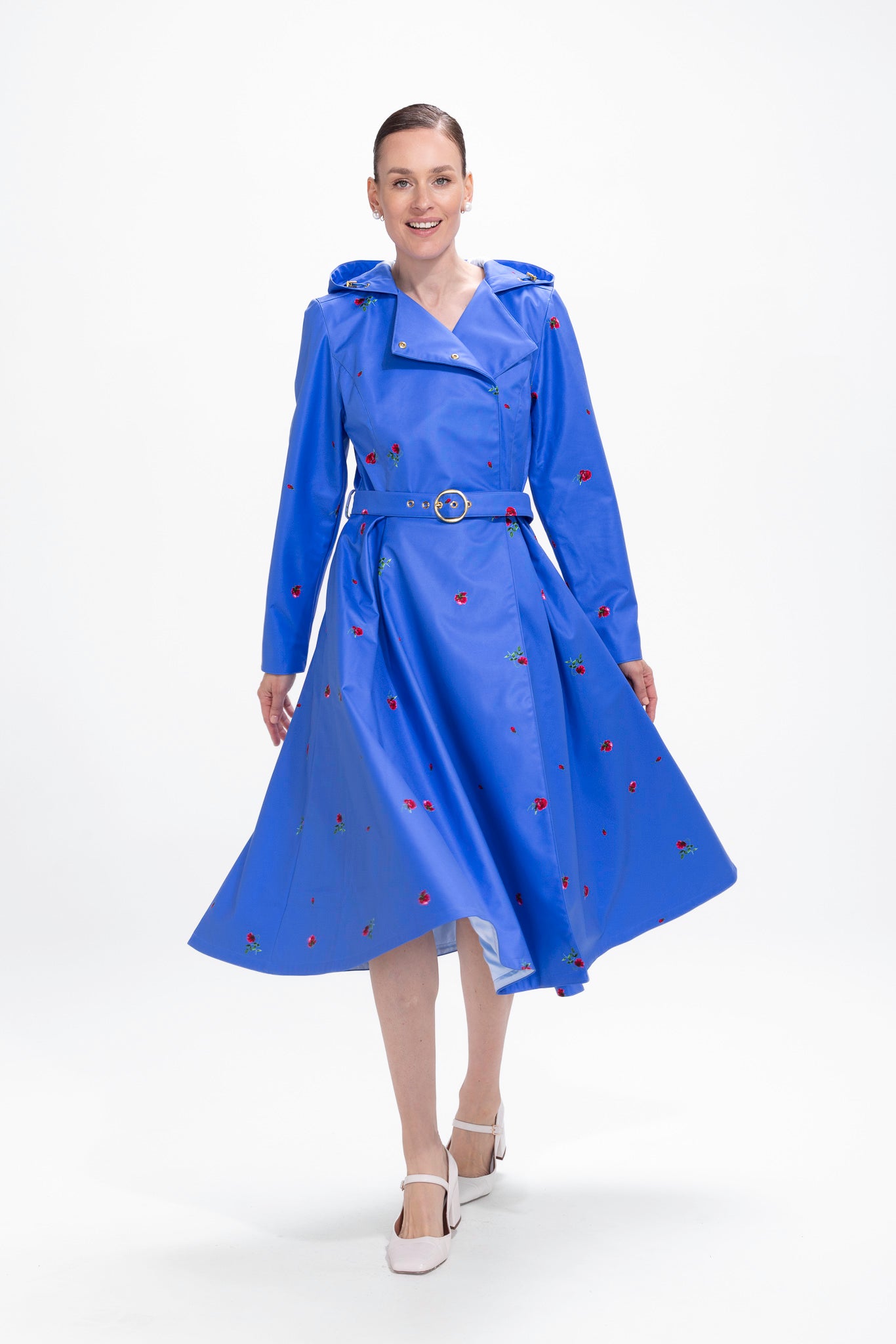 Double Breasted Trench Coat in Blue with Flower Print | Forget-Me-Not