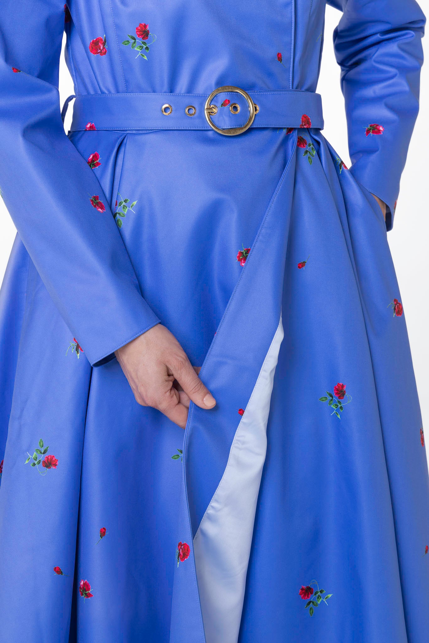 Light blue Italian satin lining inside Forget-Me-Not women's designer waterproof coat
