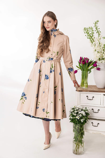 Women’s fitted A-line floral coat with detachable hood and belt