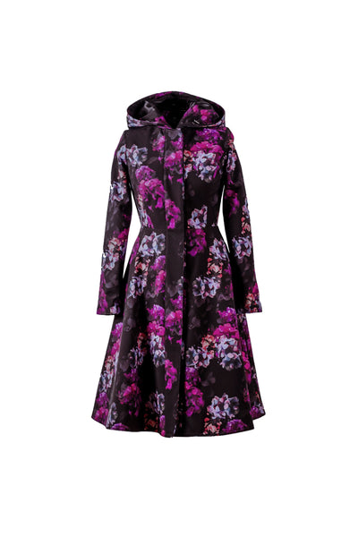 Hortense black floral women's waterproof coat isolated on light background 