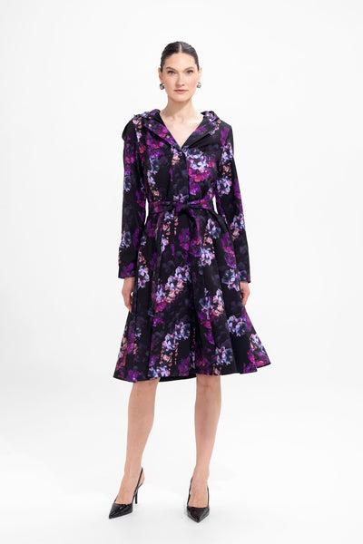 Hortense black floral fit and flare women's coat with purple flower print and A-line skirt, front view