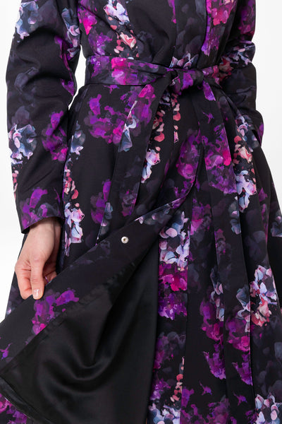 Smooth black Italian satin lining inside Hortense women's waterproof floral coat