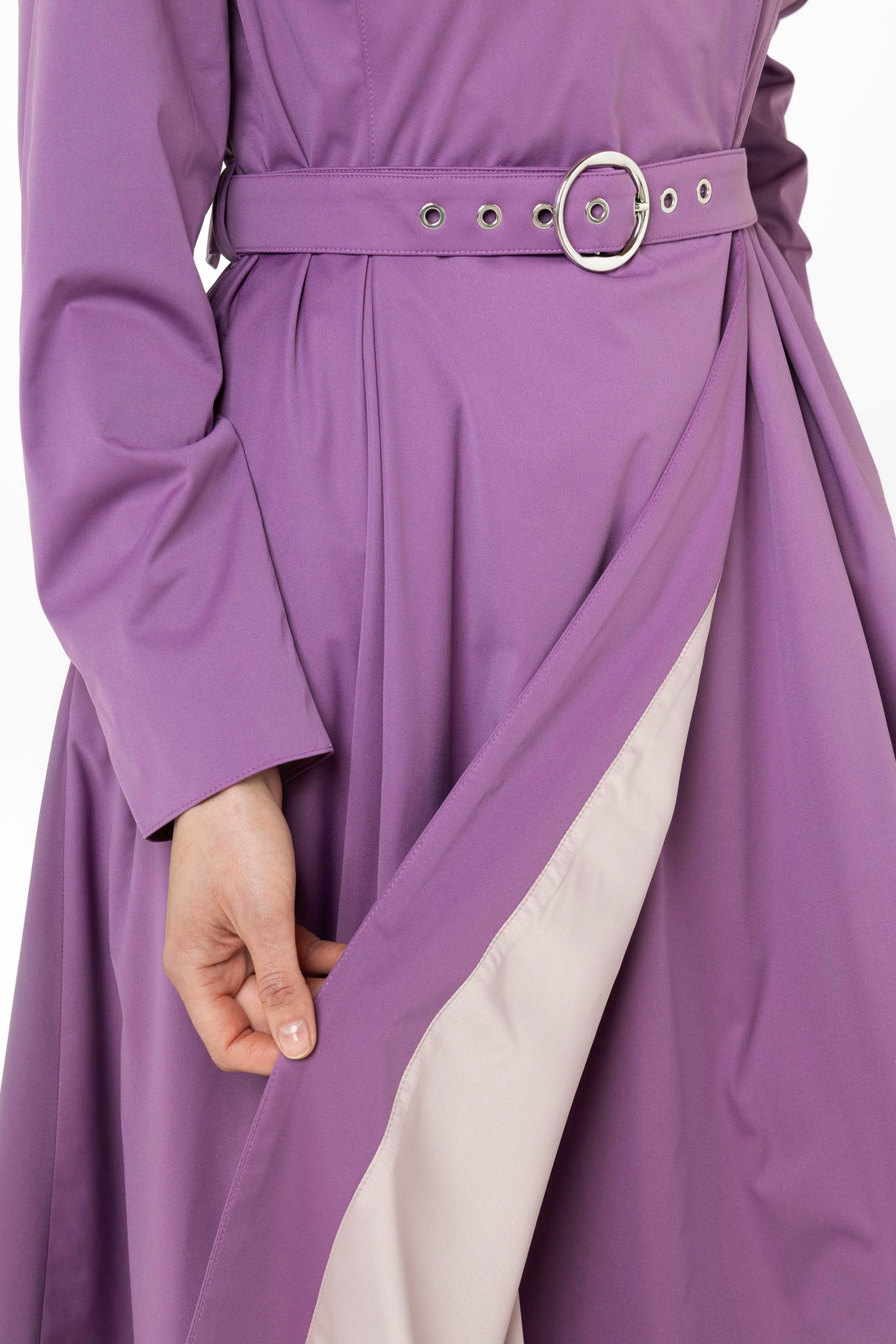 Soft pink Italian satin lining inside Lavender Dusk women's waterproof coat