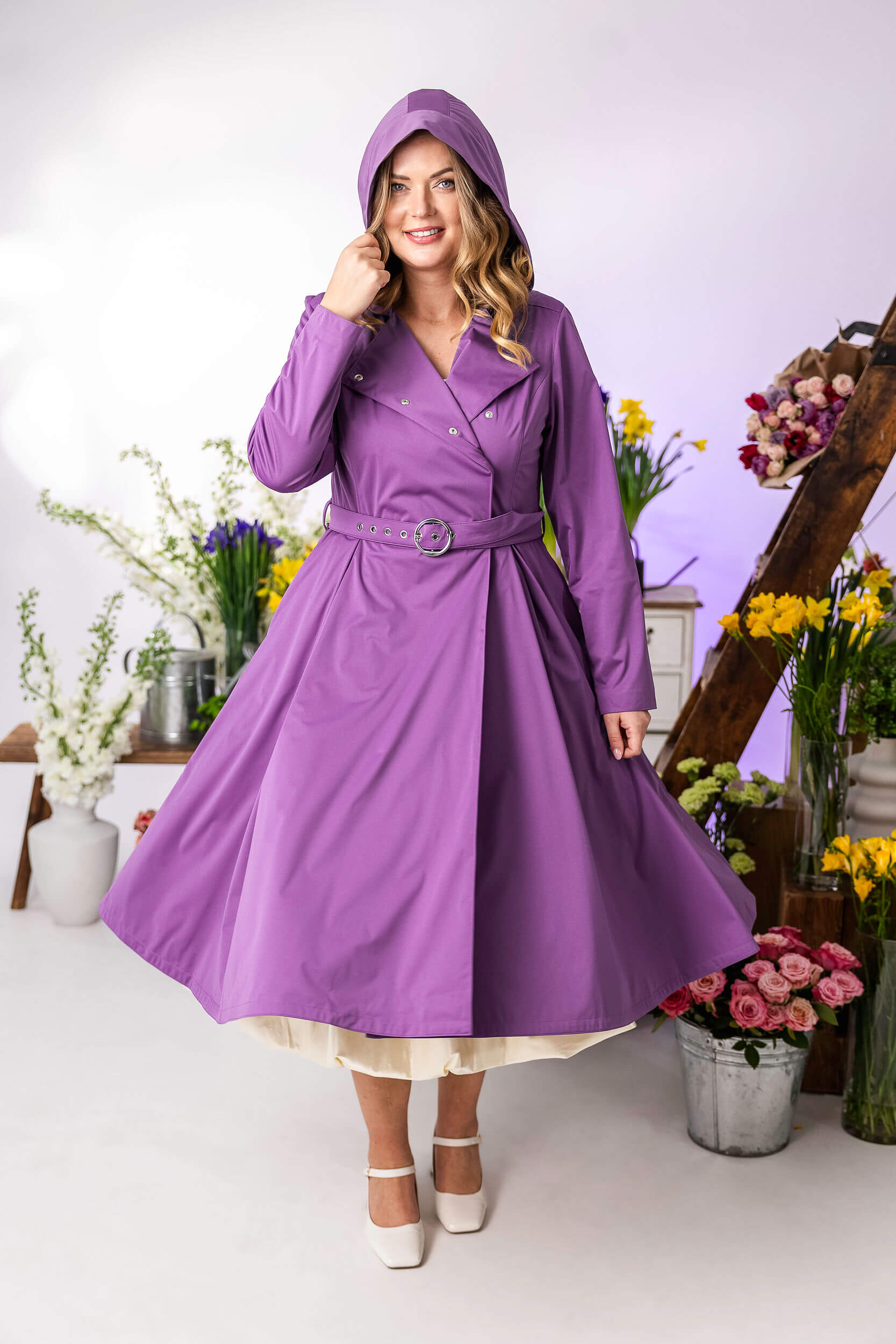 Long violet trench coat with hidden side pockets