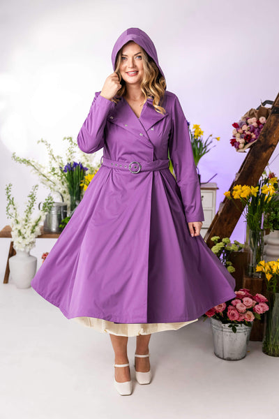 Long violet trench coat with hidden side pockets