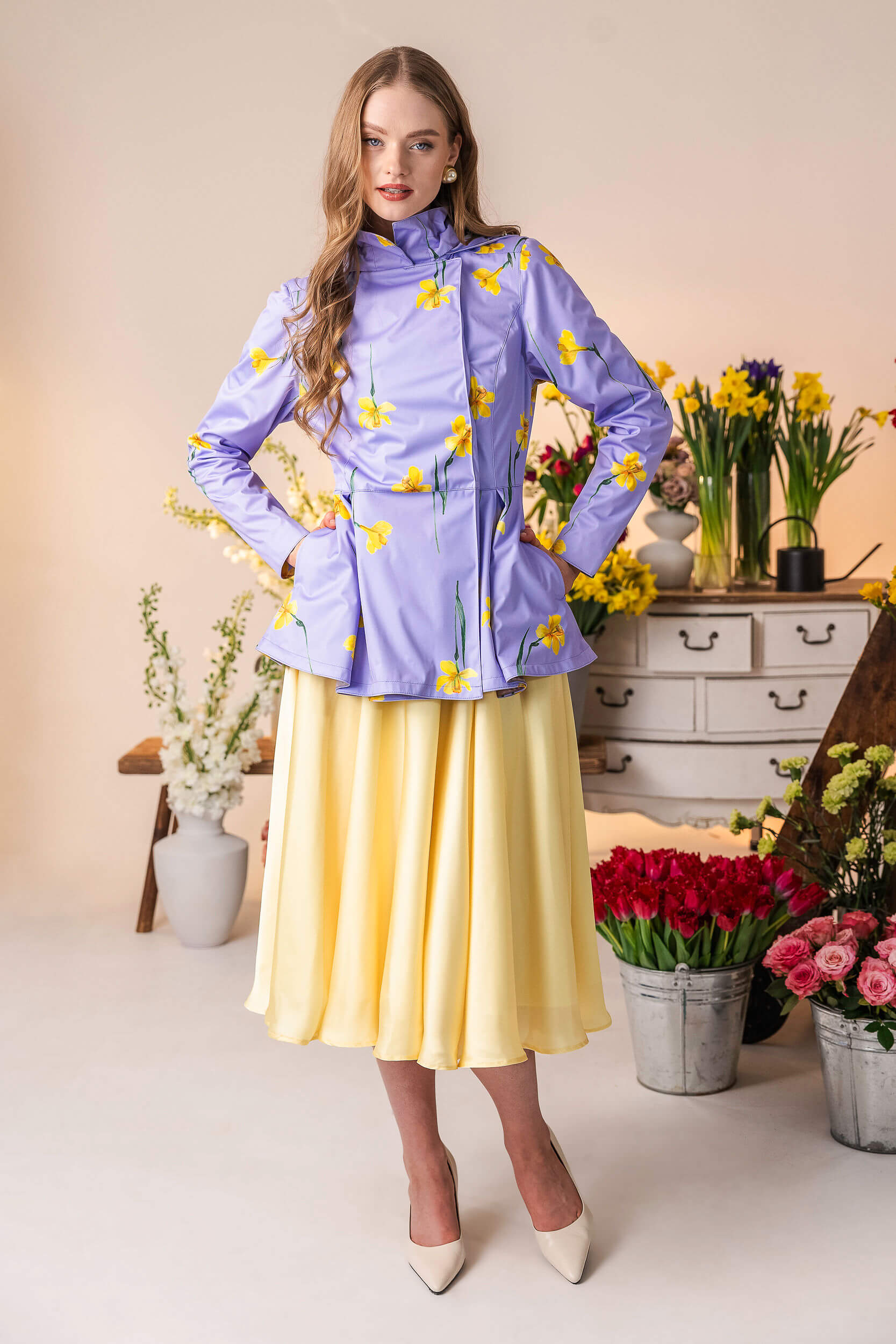 Lilac Joy soft violet double-breasted coat with sunny floral print