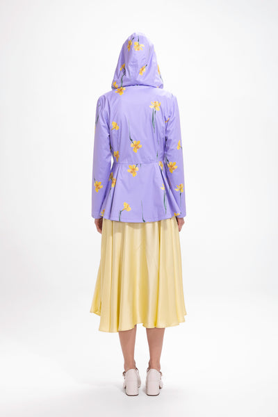 Back view of light purple waterproof women's jacket with detachable hood