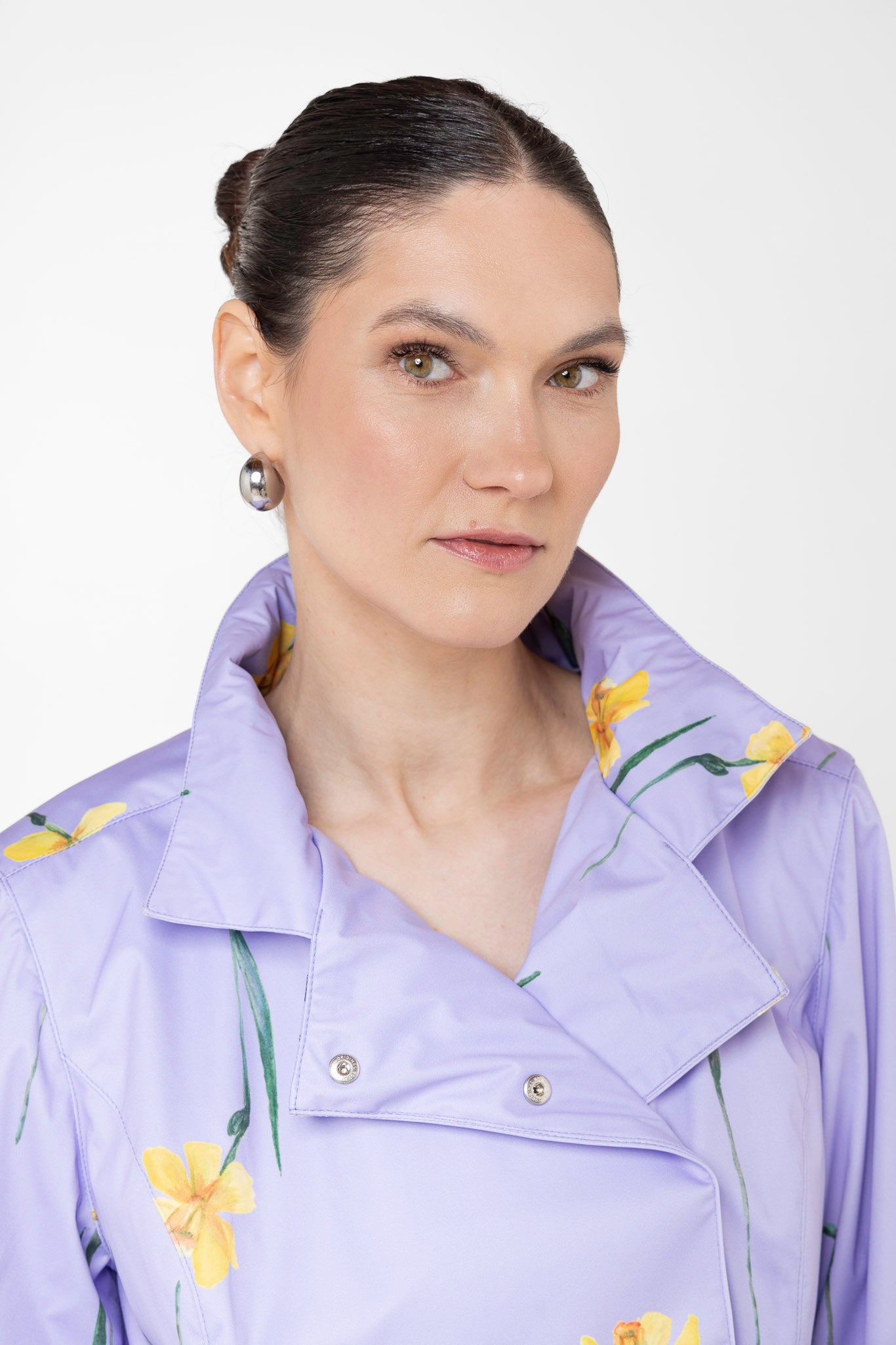 Detachable hood detail on Lilac Joy light purple women's jacket