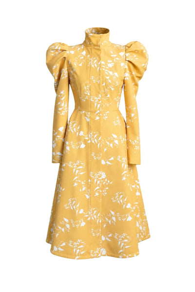 Fit and Flare Coat with Balloon-Styled Sleeves in Yellow with White Floral Print | Majestic Yellow